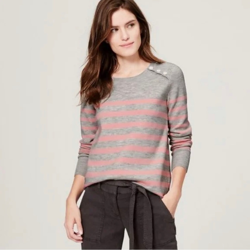 LOFT Wool Blend Pink Gray Striped Shoulder Button Sweater Size Small